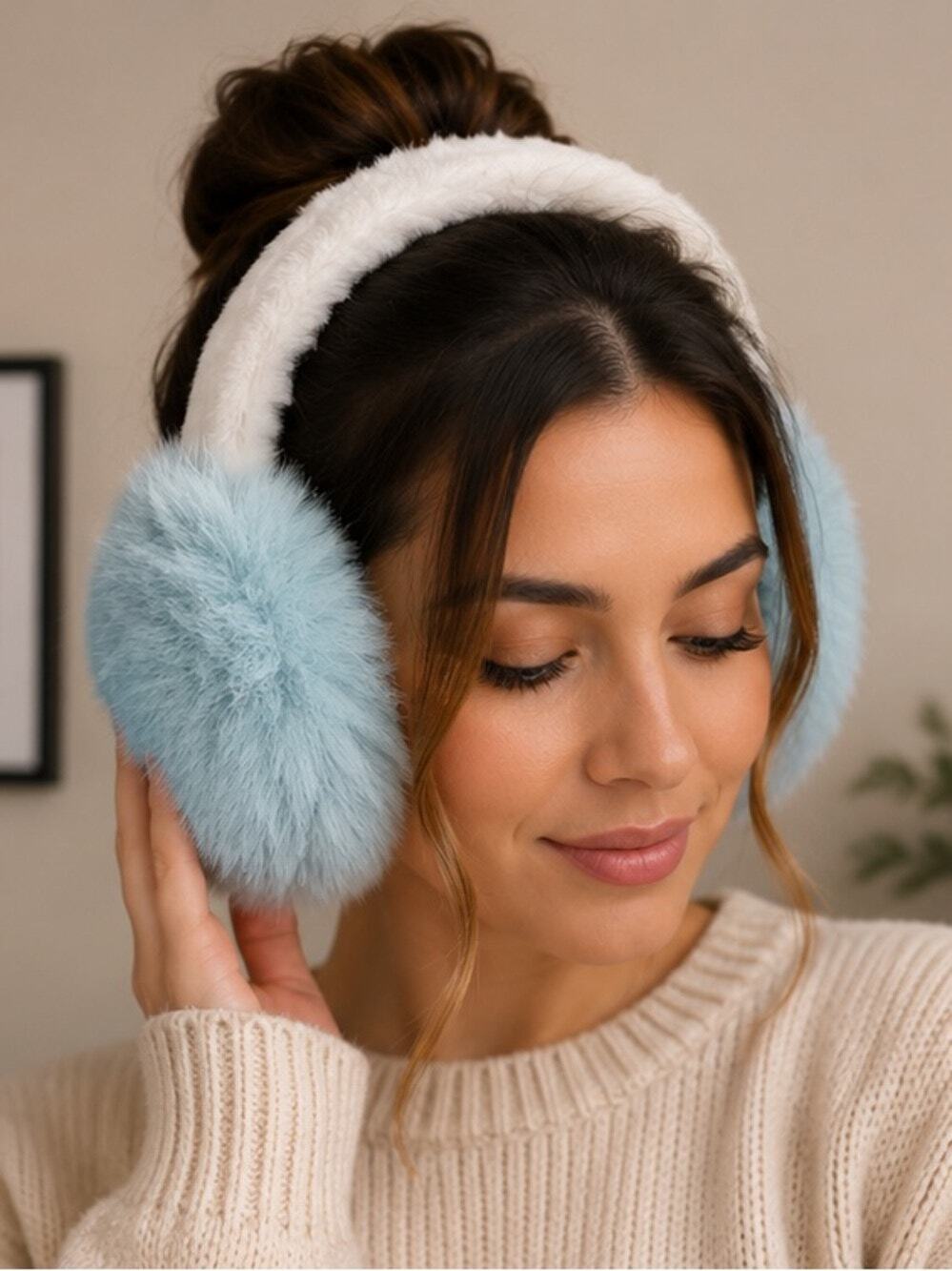 Blue Faux Fur Earmuffs Plush Winter Ear Warmers Soft Foldable Cold Weather